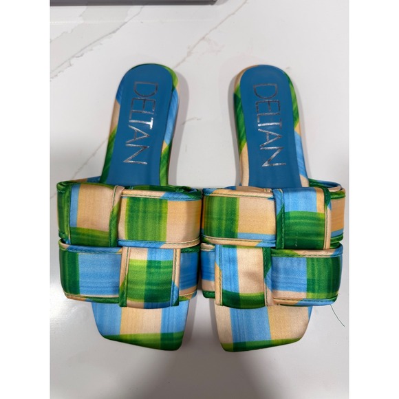 Deltan Shoes - Deltan Woven Plaid Slide Sandals Green Blue Yellow Square Toe Leather Sole 6.5M